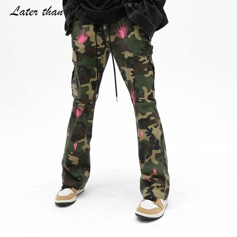 Street Wear Camouflage Jean Pants Wide Leg Flare Camo Jeans Retro Washing Printed Denim Parachute Pants Pantalones masculinos