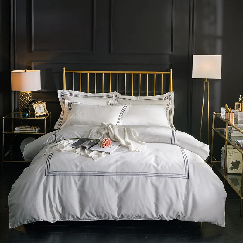 White Comforter Bedding Sets Custom Embroidered logo Luxury Bed Duvet Cover Set Euro Single Double Bed Sets Queen King Size