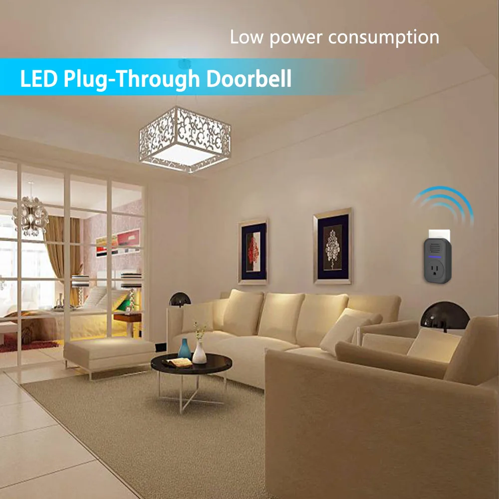 Wireless Plug Through Doorbell with Additional Socket with kinetic battery free bell push button no need battery