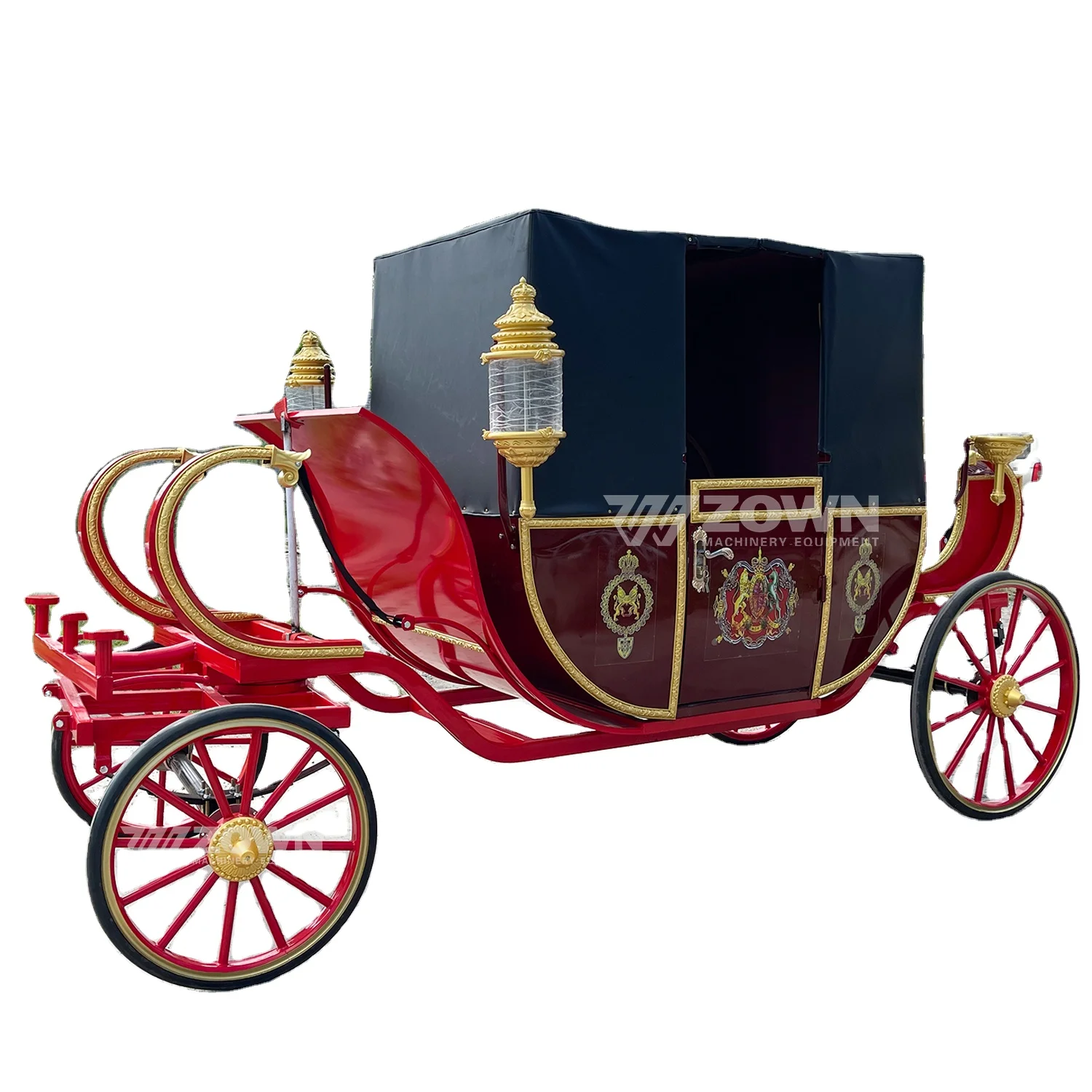 Electric classic red vintage high configuration seat black canopy royal carriage luxury wedding carriage for sale
