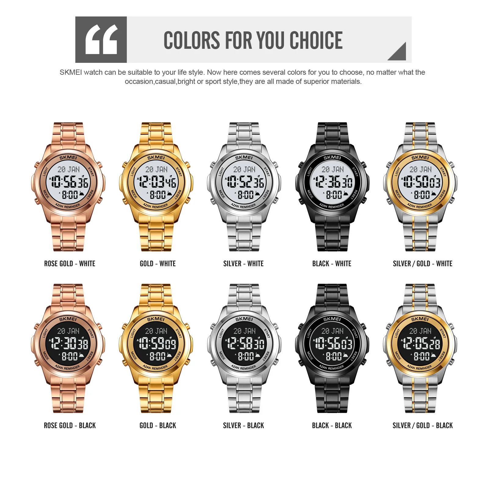 Skmei 2097 Al Azan Wrist Watch for Muslim Prayers Arabic Islamic Qibla Direction Stainless Steel Digital Watches