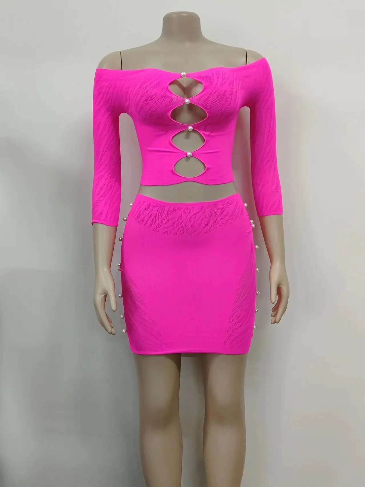 Sexy Fishnet Thick Outside Street Wear Pearl Bodystocking Top Skirt Dress 2 Piece Suit Lingerie Romper Jumpsuit