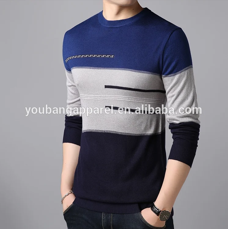 Мужской осенне-зимний тонкий акриловый вязаный джемпер в полоску с круглым вырезом