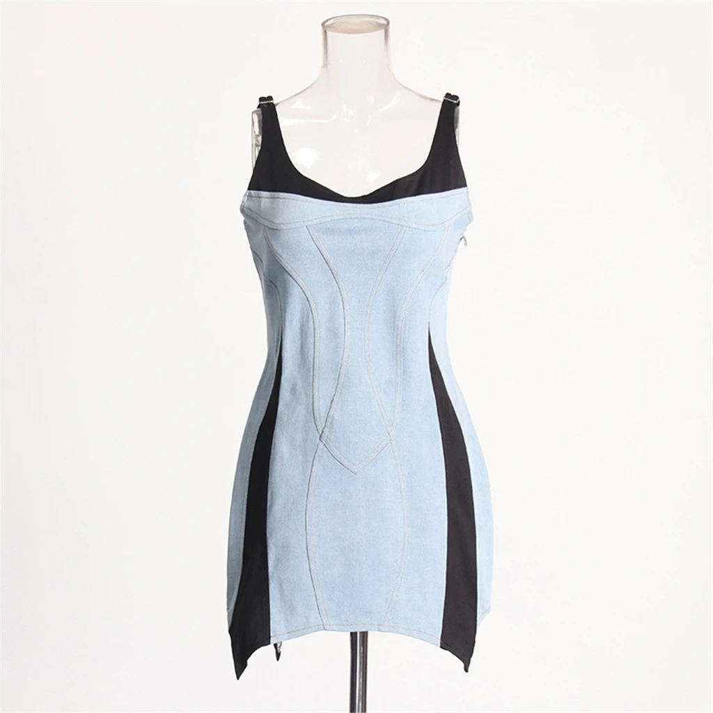 Fashion New Color Block Patchwork Sling Denim Jeans Elegant Casual Irregular Mini Sexy Bodycon Tight Short Dress Women Clothing