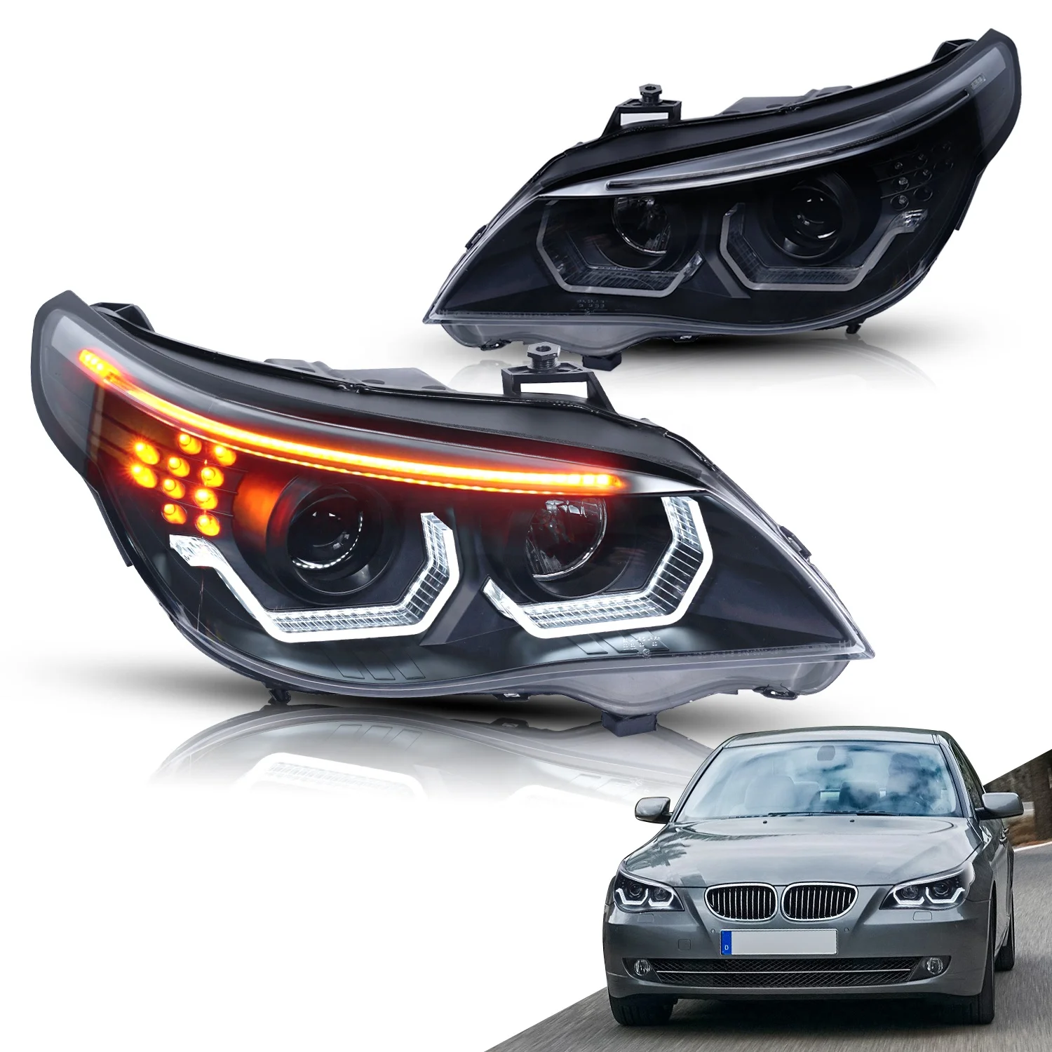 Archaic Led headlights For BMW E60 2003-2010 with DRL Dynamic Turn Signal Lamp Low Beam High Beam Angel Eye Projector Lens