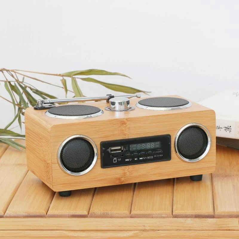 Custom Oem Mini Wood Bamboo Outdoor Fm Radio Speaker Rechargeable Bluetooth Bt Portable Wireless Loud Speaker Sound Music box