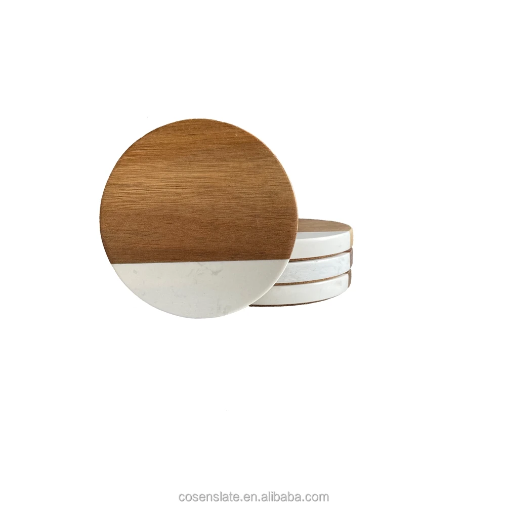 Kitchen Table Decoration Drink Round Acacia Wooden and Marble Coaster