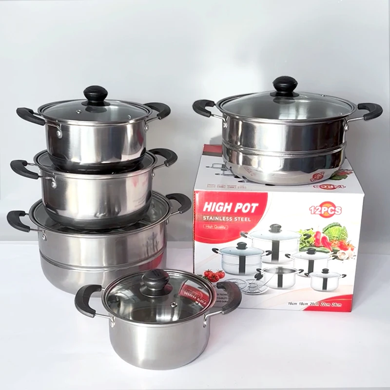 Meisite factory stainless steel cookware set 12 pieces cooking soup pot steamer casseroles kitchenware juego de ollas