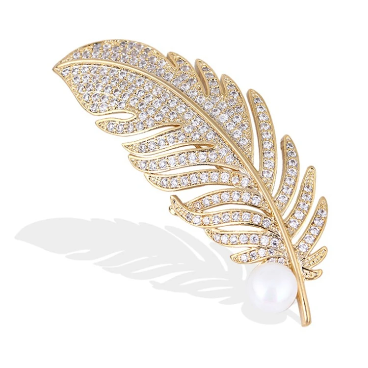 European and American fashion atmospheric feather leaf brooch clothing accessories men and women rhinestone alloy brooch
