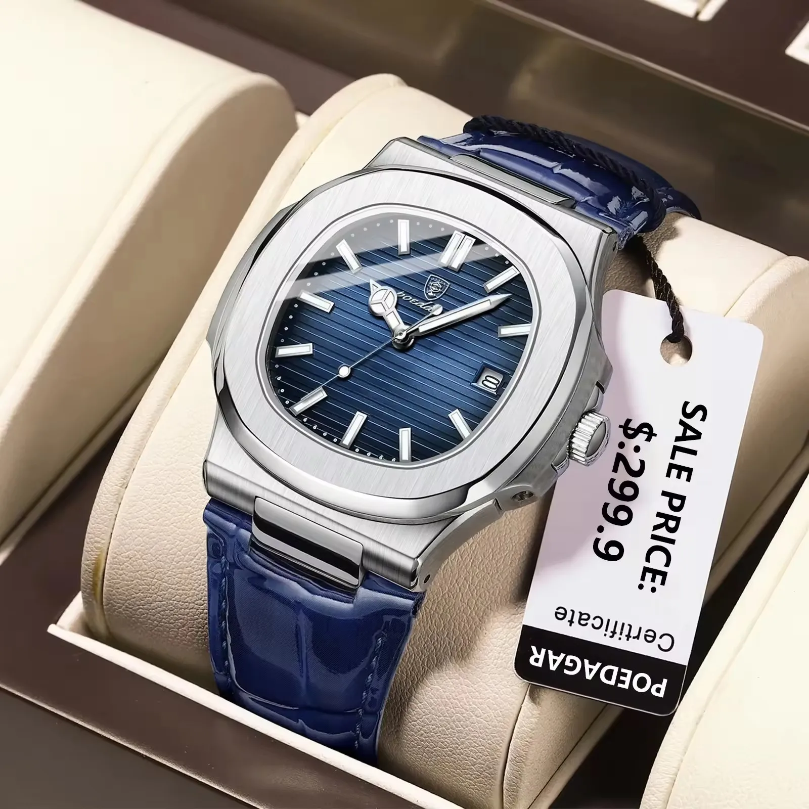 POEDAGAR 613 Brand Fashion Square Dial Watch for Men Luxury Casual Watch Stainless Steel Calendar Luminous Waterproof Male Clock