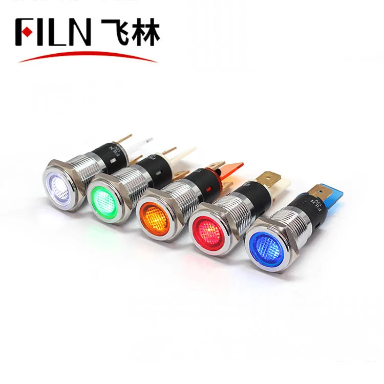 FILN 14mm 220v 24v 12v indicator metal waterproof flat type solder pin led emergency lamp yellow red