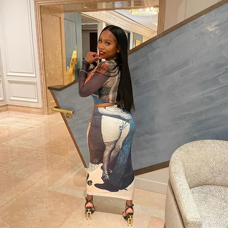 K22S21829 Printed Mesh Shirt Match Midi Skirt 2 Pieces Outfit Party Clubwear Women Two Piece set