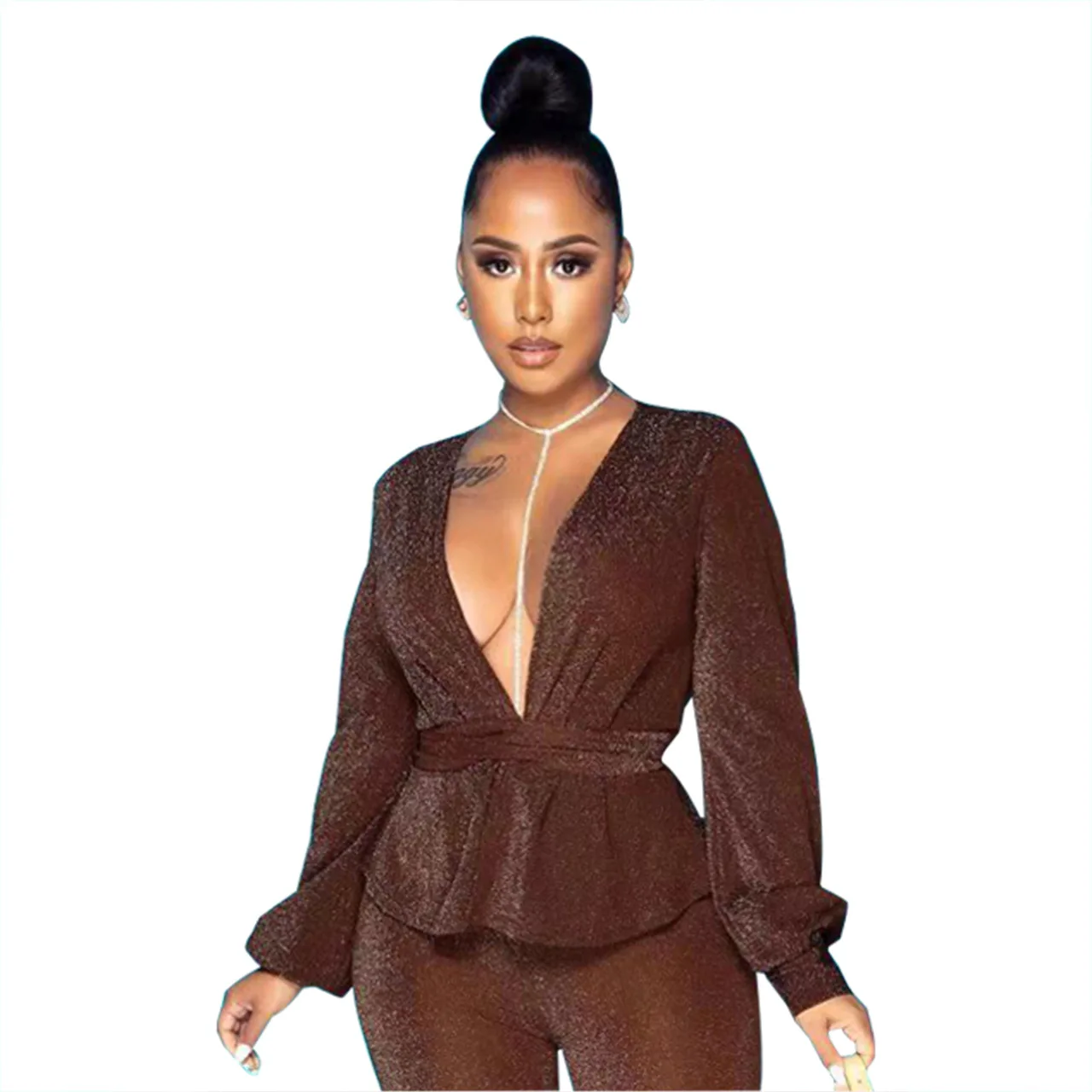 Women Glitter sexy 2 piece suit casual shiny deep V-neck belt slim suits long sleeve pant Ruffles Crop Top and Pants Suits Sets