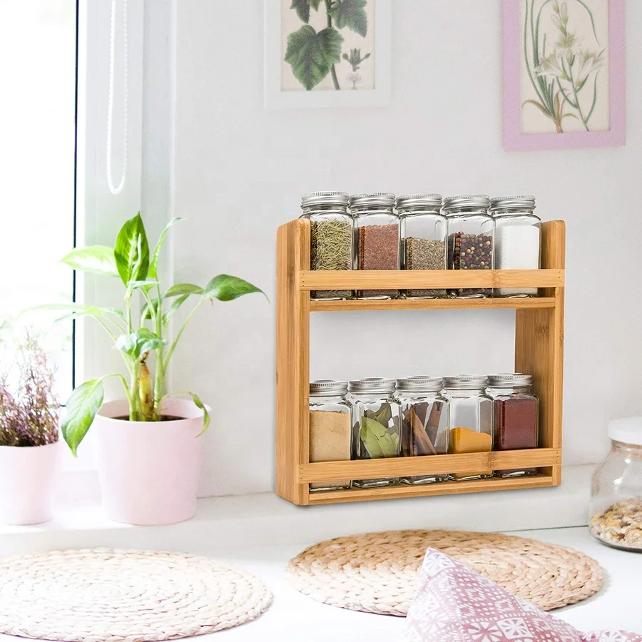 Natural spice storage holder rack 2 tiers kitchen spice rack bamboo spice organizer