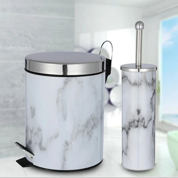 Marble Surface Bathroom Waste Bin set Metal Bathroom Dust Bin Hotel Garbage Container with Toilet Brush