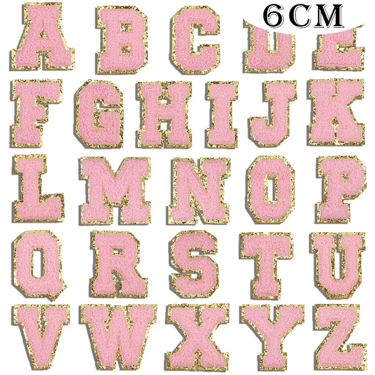 Anwen 6cm pink fabric embroidered English alphabet cloth hot fix stickers ironing computer embroidered chapter alphabet pattern