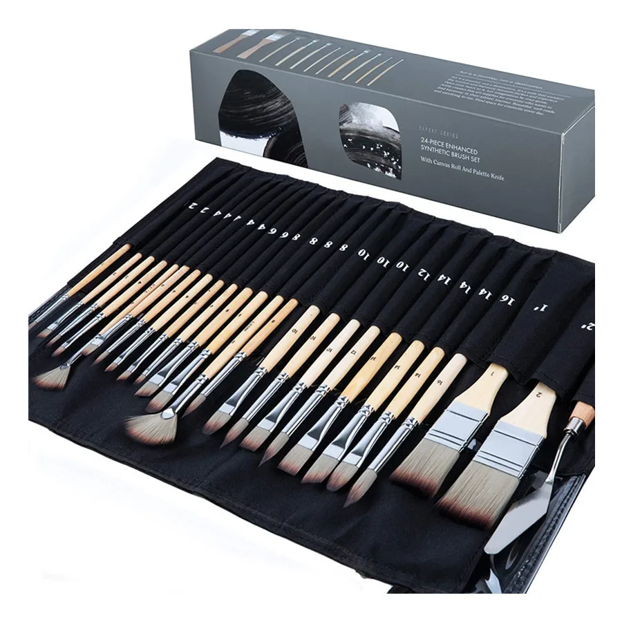 24 pieces paint brush set Expert enhanced Synthetic Brush with Cloth Roll and Palette Knife for Acrylic, Oil, Watercolor gouache