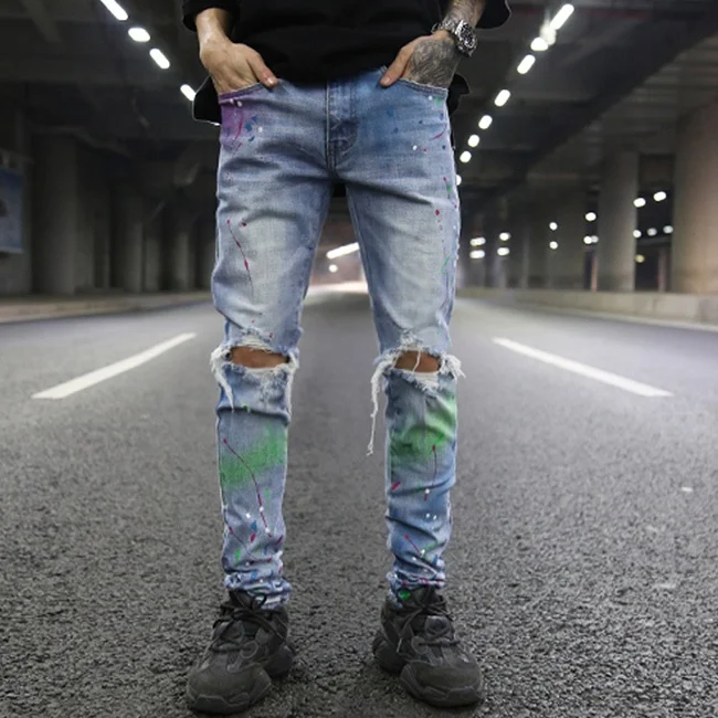 OEM fog vintage splash ink graffiti paint pants skinny jeans men distressed ripped jeans blue casual pants stock dropshipping