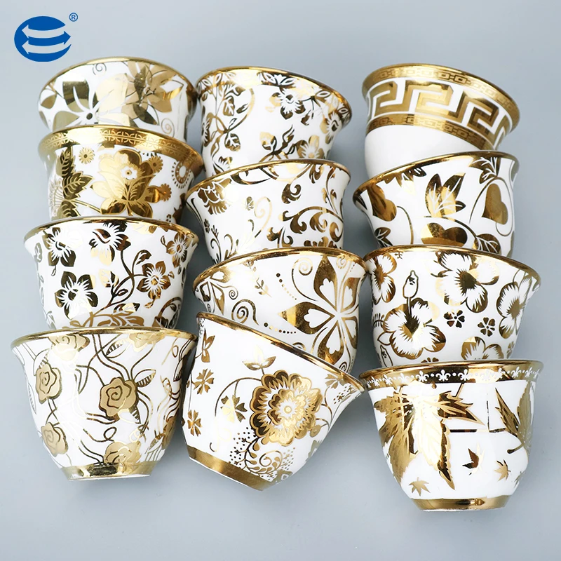 Luxury Gift Small Coffee Tea Cups 12PCs White Arabic Ceramic Espress Coffee Cawa Cups With Gold Rim Tea Cup Sets
