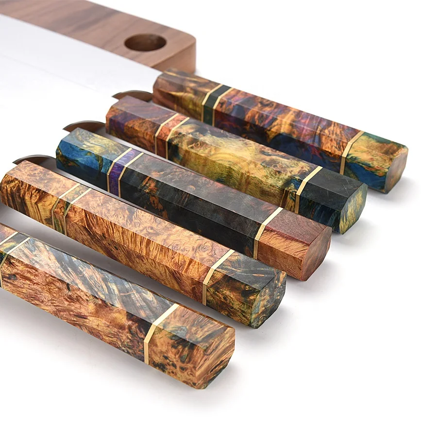 Professional Kitchen Knives Chef knife Damascus Steel Octagonal Stabilized Wood Copper Ring Handle Oil painting Style with Boxes