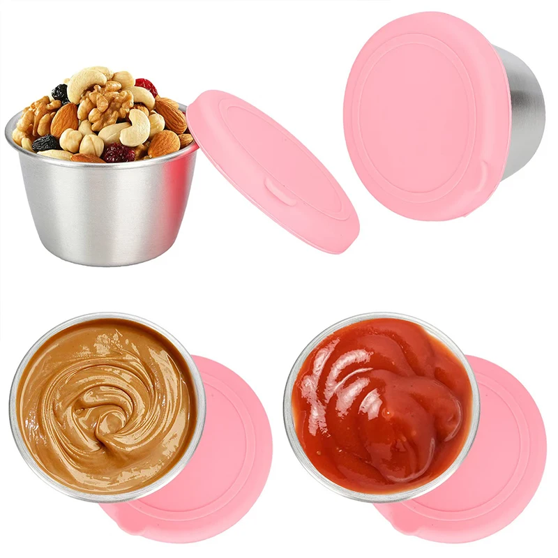 Leakproof Reusable 70ml 304 Stainless Steel Food Grade Sauce Cup with Silicone Lid Korean Seasoning Dipping Dishes