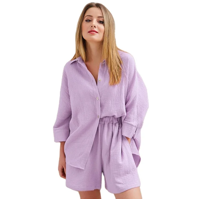 Turn-Down Collar Nine Quarter Sleeve Sleep Tops Shorts Female Homewear Casual Sleepwear Two Piece Cotton Pajamas For Women
