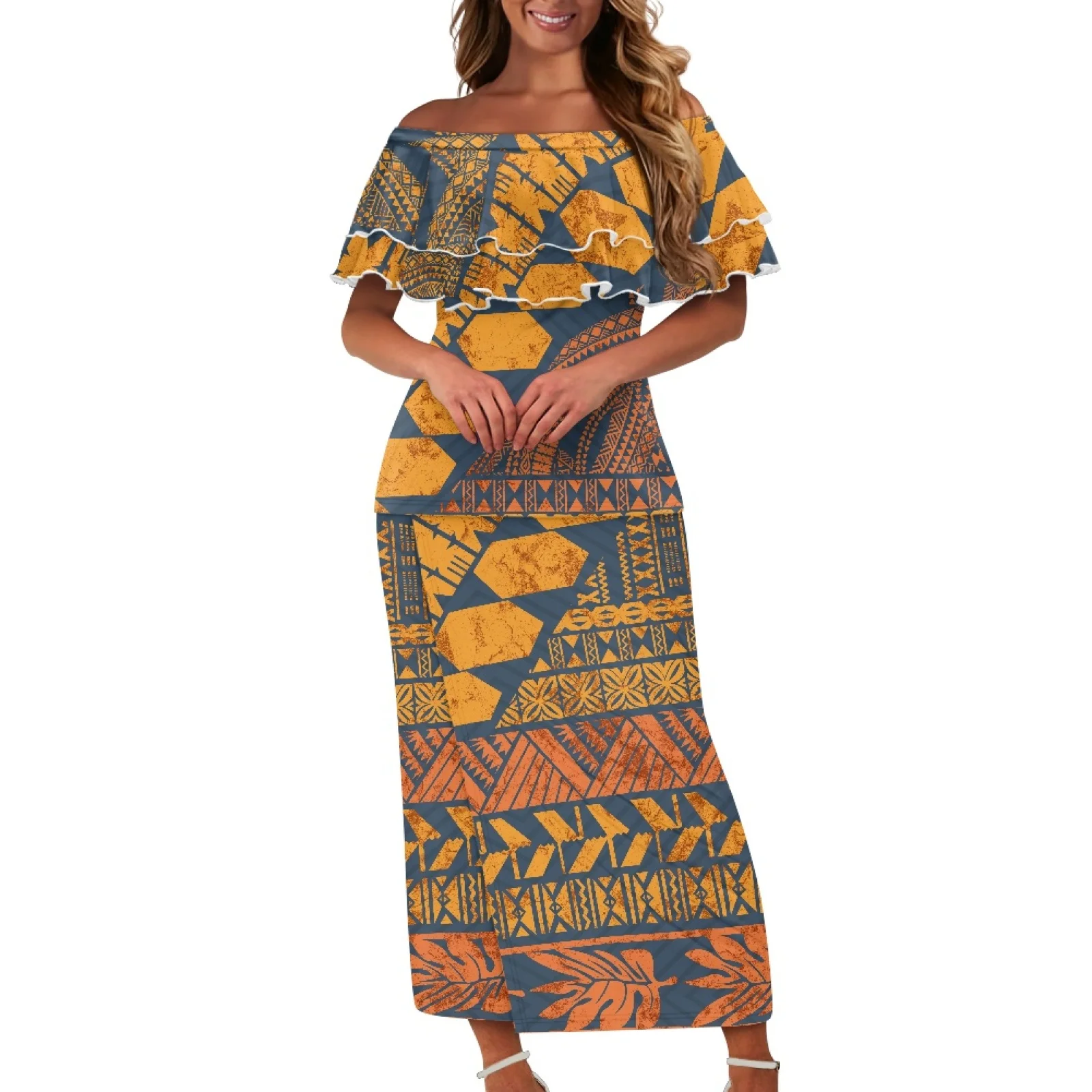 Latest Polynesian Tribal Clothing Off Shoulder Samoan Puletasi Dresses For Women Custom Print Tapa Evening Puletasi Samoa Set