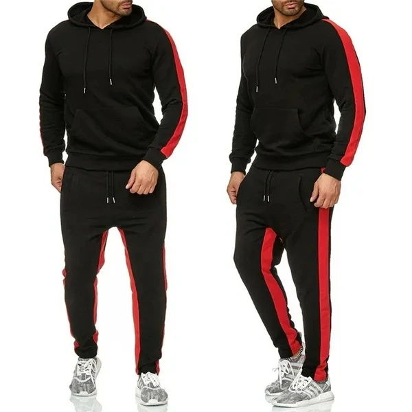 Active Male  2 Piece  Full Zip Winter Sports Jogging Suits  Athletic Tracksuits Running Sweatsuits With Hood
