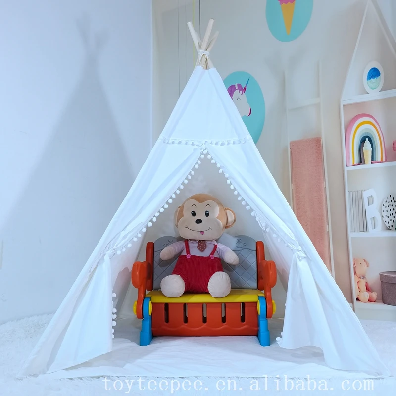 Ins Style Indoor Kids Home Play Teepee Tent Princess Room Game Tent White Cotton Canvas Indian Tent with mat