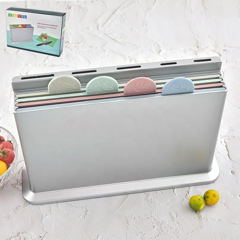 Новый дизайн цветная кухонная утварь с индексом разделочная доска набор блоков 4 пластиковых разделочных доски лотком
