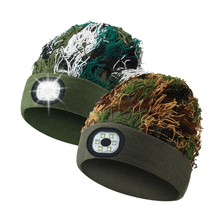 Camouflage Distressed Balaclava Wool Knit Winter Head Lamp Lighted Beanie Hat Camo LED Flashlight Beanie with Light