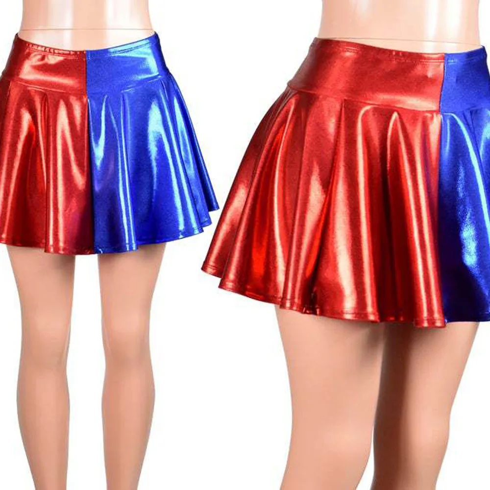2022 new female sexy asymmetric color matching skirt vinyl Leather Mini Skirt artificial leather pleated skirt Club Party skirt