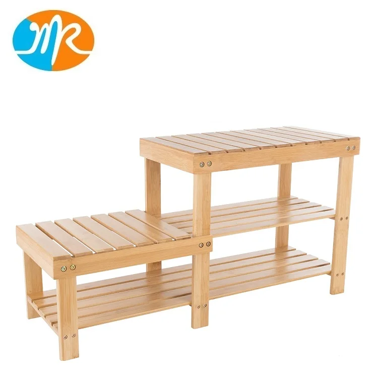Бамбуковая подставка для обуви Скамья с 2 яруса полок и 2 высоты для хранения между сиденьями