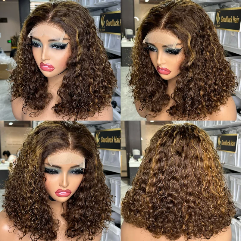 Piano Color 4/27 Curly Wear Go Glueless HD Transparent Lace Frontal Short Long 4X4 Deep Wave Highlight Go Glueless Human Hair