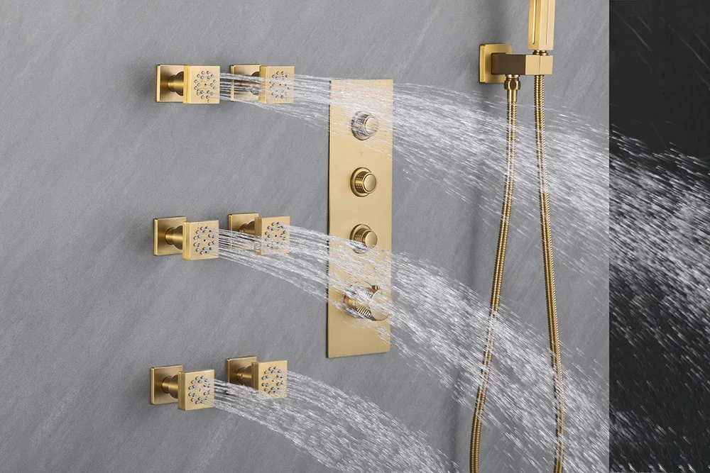 Hot Sale Square Brushed gold bathroom shower hot and cold shower mixer, in wall mounted rain concealed all copper shower set