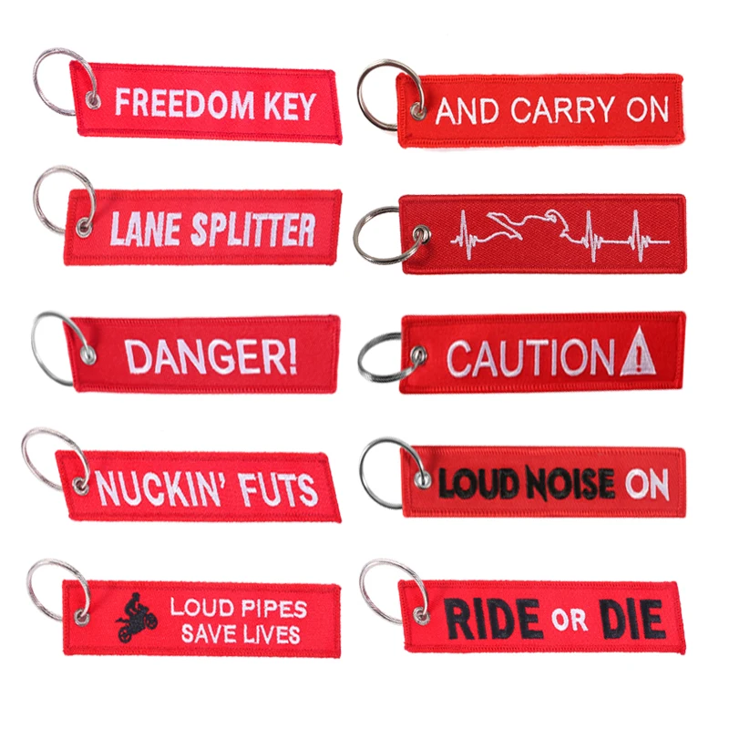 We offer a variety of motorcycle embroidered keychains featuring the Remove Before Flight tagline, and support customization.