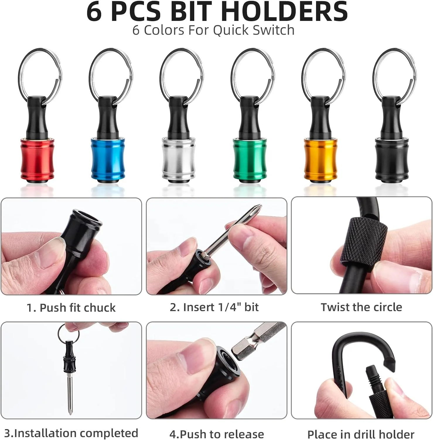 Portable Bit Holder Keychain Quick Release 1/4 Inch Hex Drill Bit Holder Organizer Hand Tool for Impact Driver Screwdriver