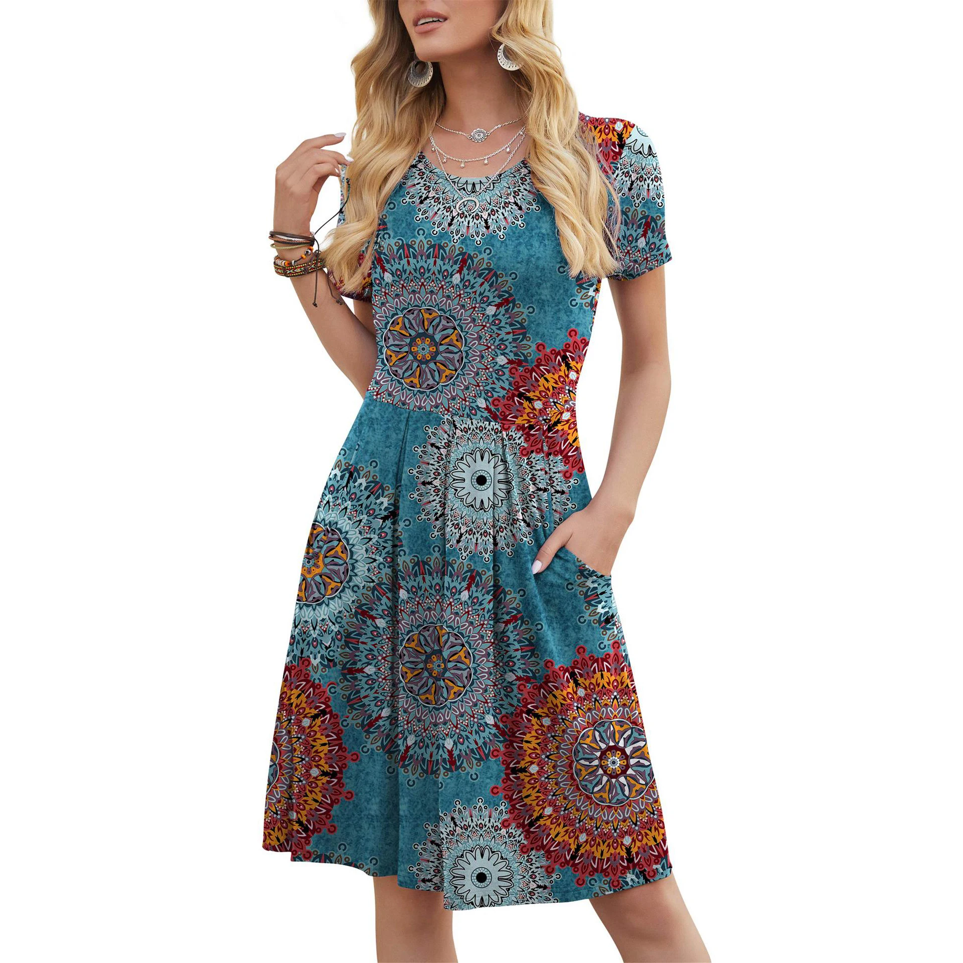 lady ruffle elastic loose comfy swing sundress elegant casual pocket floral print round collar short sleeve summer dress 2022