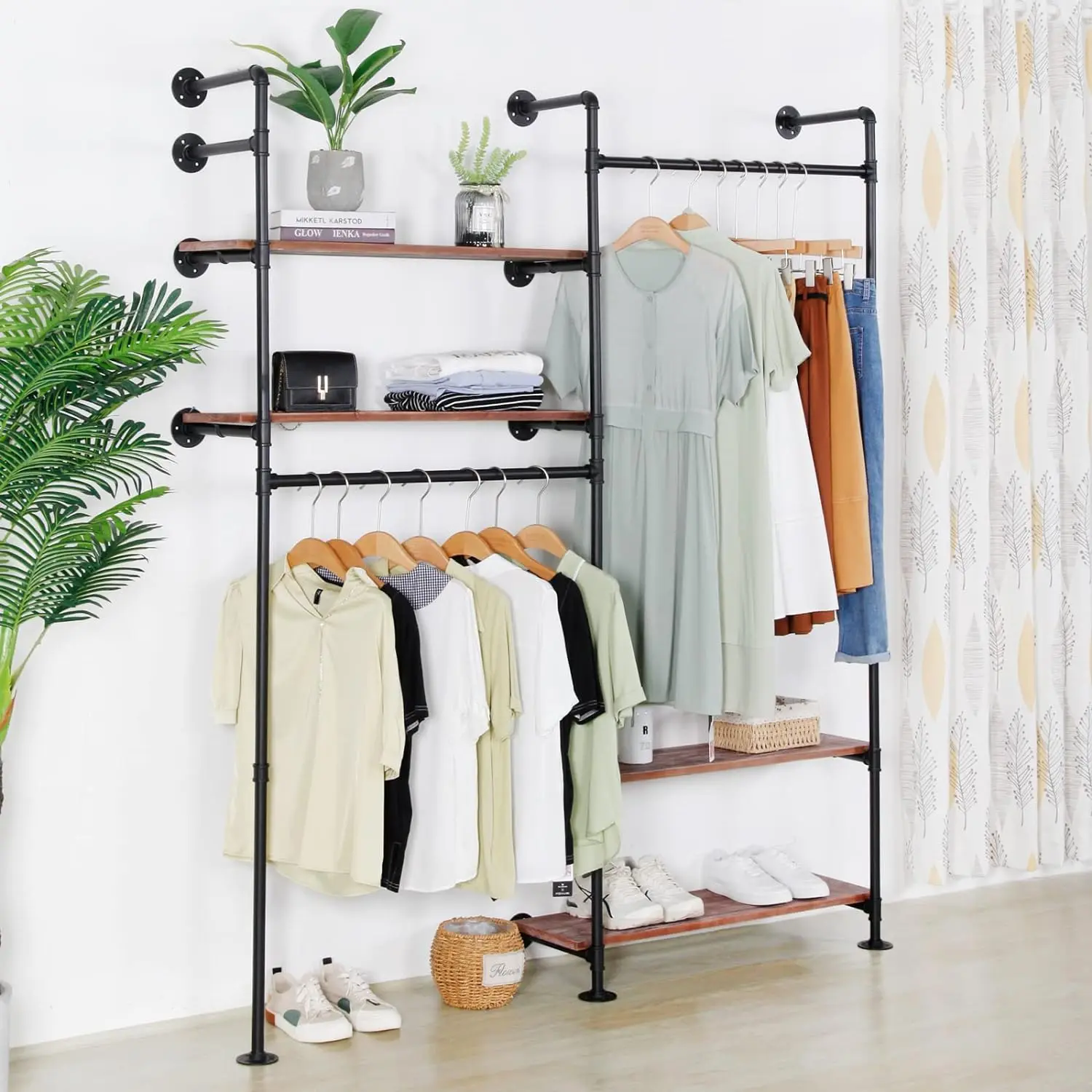 Industrial Pipe Double Hanging Rods Clothing Rack Garment Display on Wall for Clothes Retail