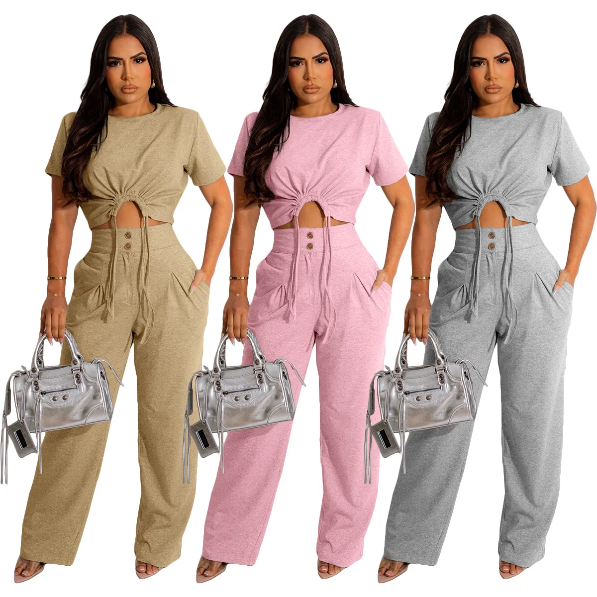 Autumn 2023 women clothes 2 Piece Sets Round Neck Crop Tops High Waist loose Casual Pants Long Pants For Women