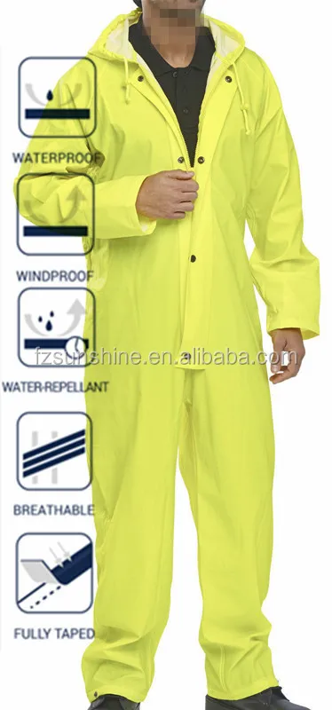Hooded Waterproof work wear coverall with reflector PU saturn yellow rain coverall