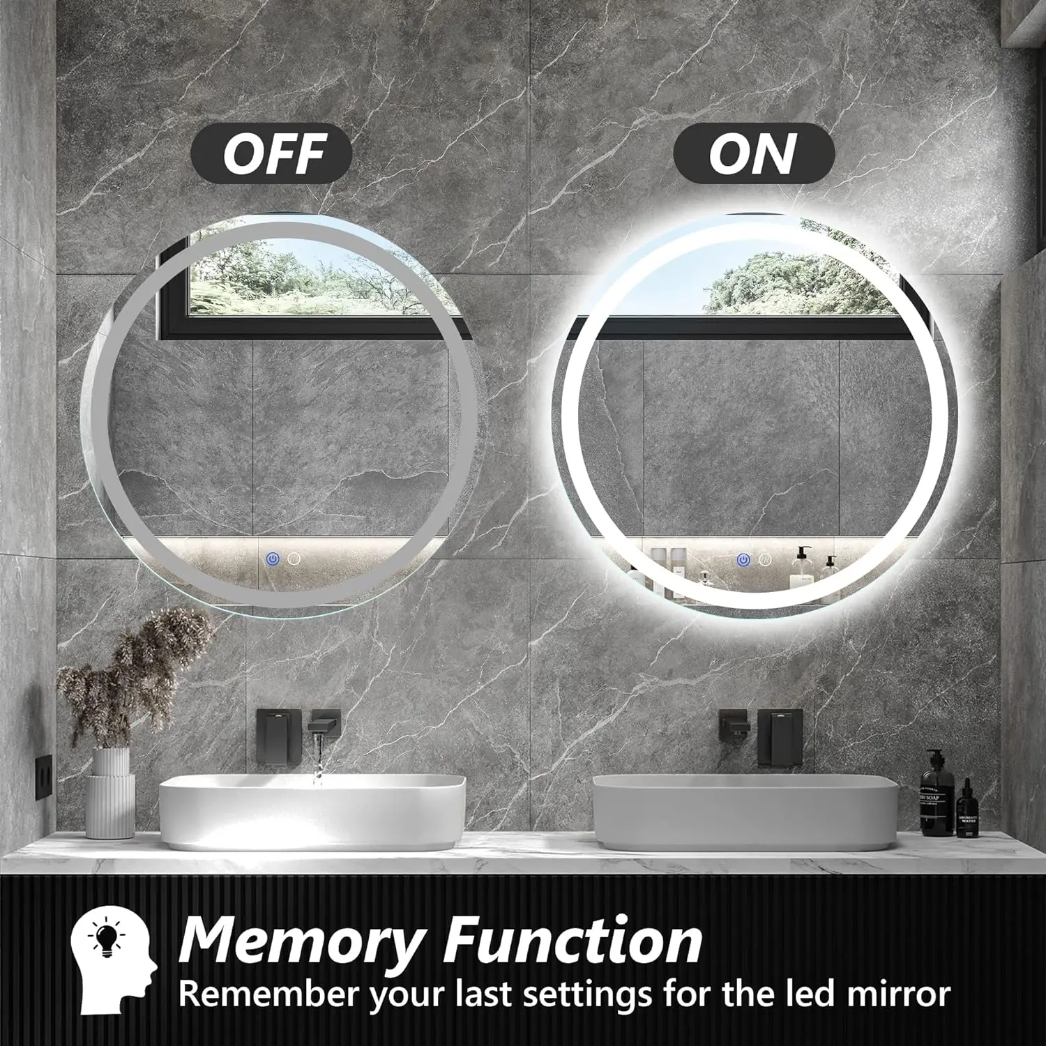 JH 24-Inch LED Lighted Bathroom Vanity Mirror Anti-Fog Smart Touch Wall Mounted with 3000K/4000K/6000K Adjustable Backlight Home