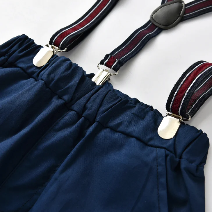 Summer cotton boys bow + tie + gentleman strap shorts + short sleeve shirt four-piece clothes set