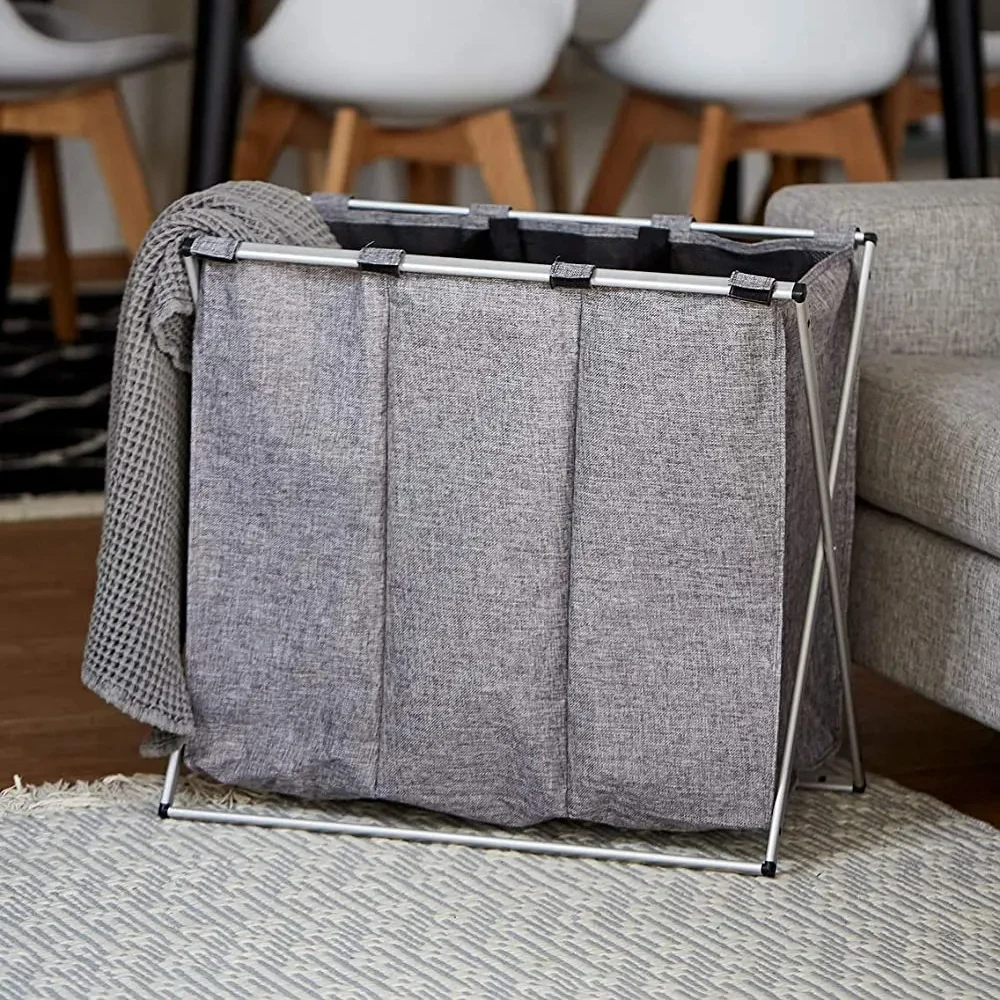 High quality aluminium frame 3 compartments laundry hamper basket