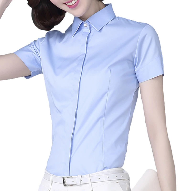 Quality Shirt Short Shirts Women Shirts Blouses Light Blue Color Fashion Office Style Business OEM Logo
