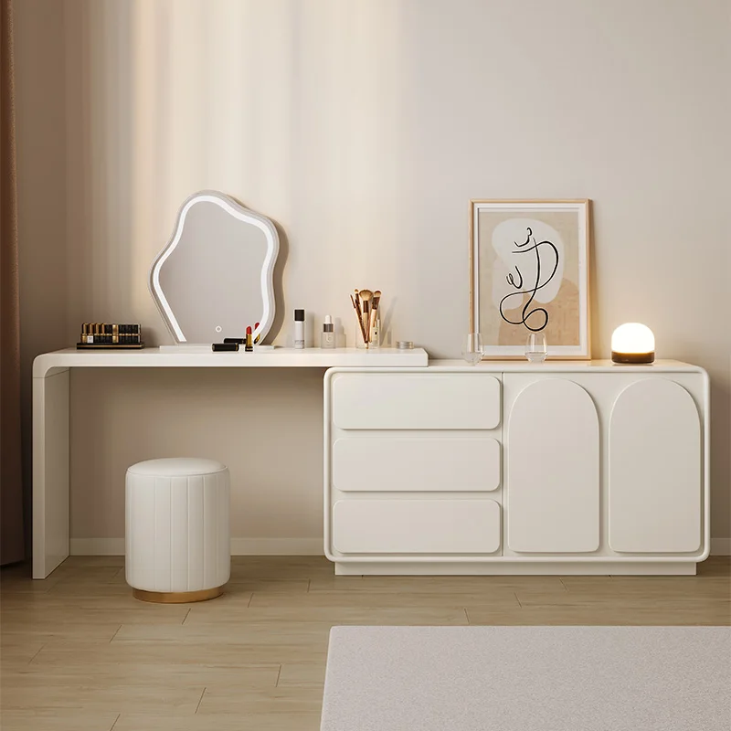 Modern White Dressing Table with Irregularly Designed Mirror And LED Light 3 Drawers 2 Sliding Storage Cabinets Vanity Desk