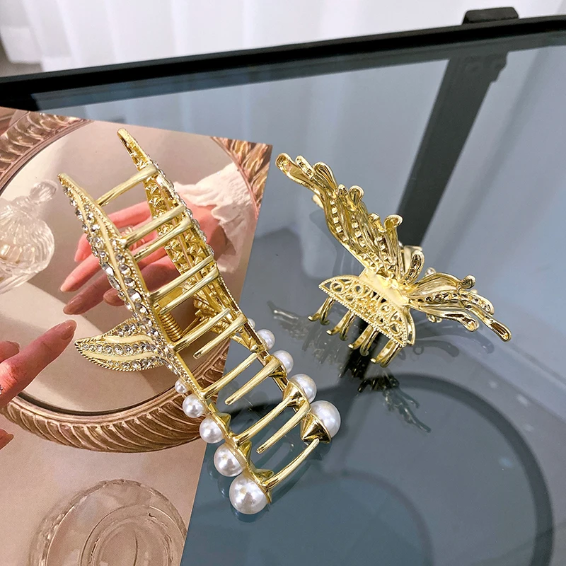 HONEY FLOWER Butterfly Fish Tail Shape 10cm 8.5cm Golden Alloy Hair Claw Clips