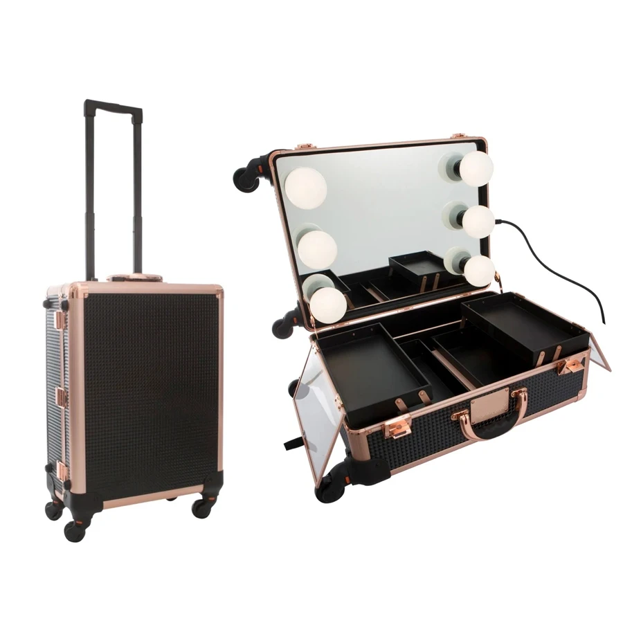 OEM Branded Aluminum Rolling Cosmetic Box Lighted Vanity Makeup Train Case with Wheels