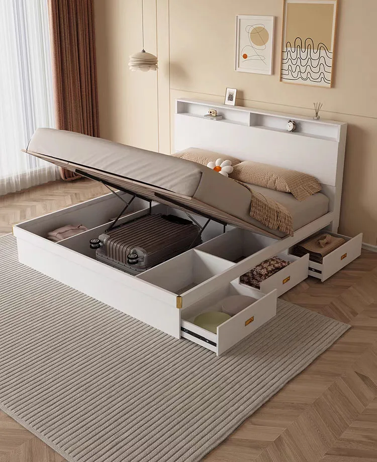 Foshan Home Furnishing King Queen Double Single Size White Wooden Panel Bed Hotel Furniture