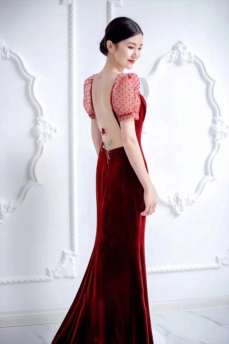Luxury red Halter column short sleeves backless bridal maid wedding dress 2020